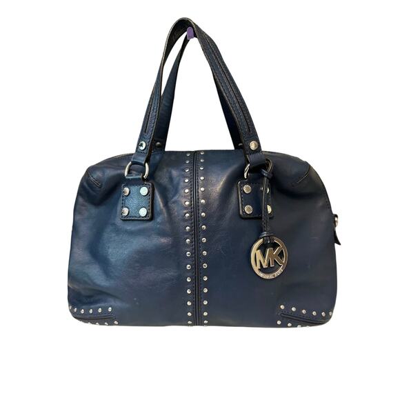 Michael Kors Bag Navy Blue Astor Leather Studded Top Handle Satchel Bag - Picture 1 of 16